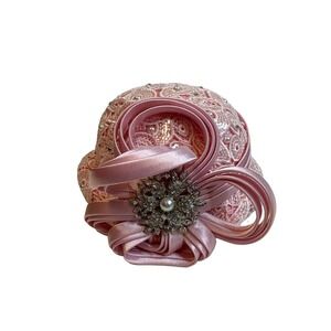 VTG Ms Divine Hat Womens Pink Floral Rhinestones Lace Bow Derby Church Wedding